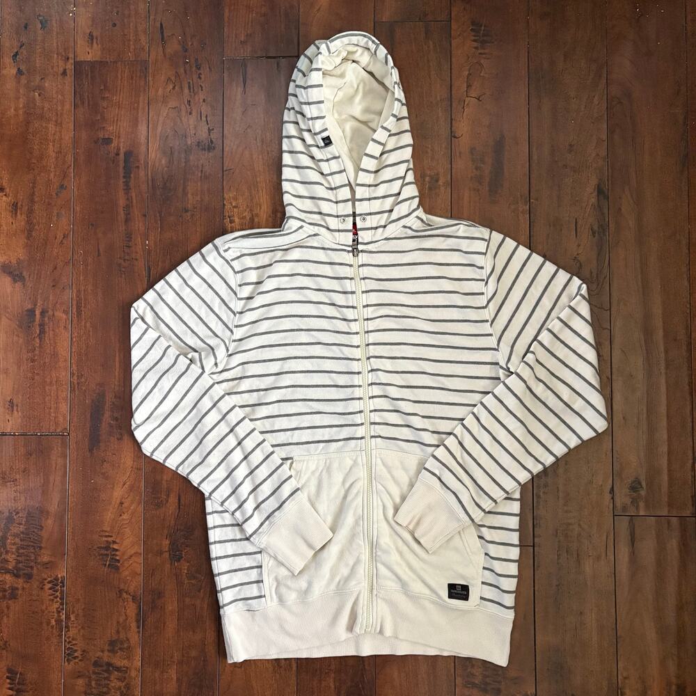 Y2K Quiksilver Hoodie Mens M White Striped 2000s Skater Grunge Surfer Emo